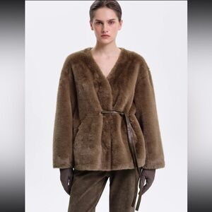 Source Unknown Fiona shearling fur jacket with leather tie